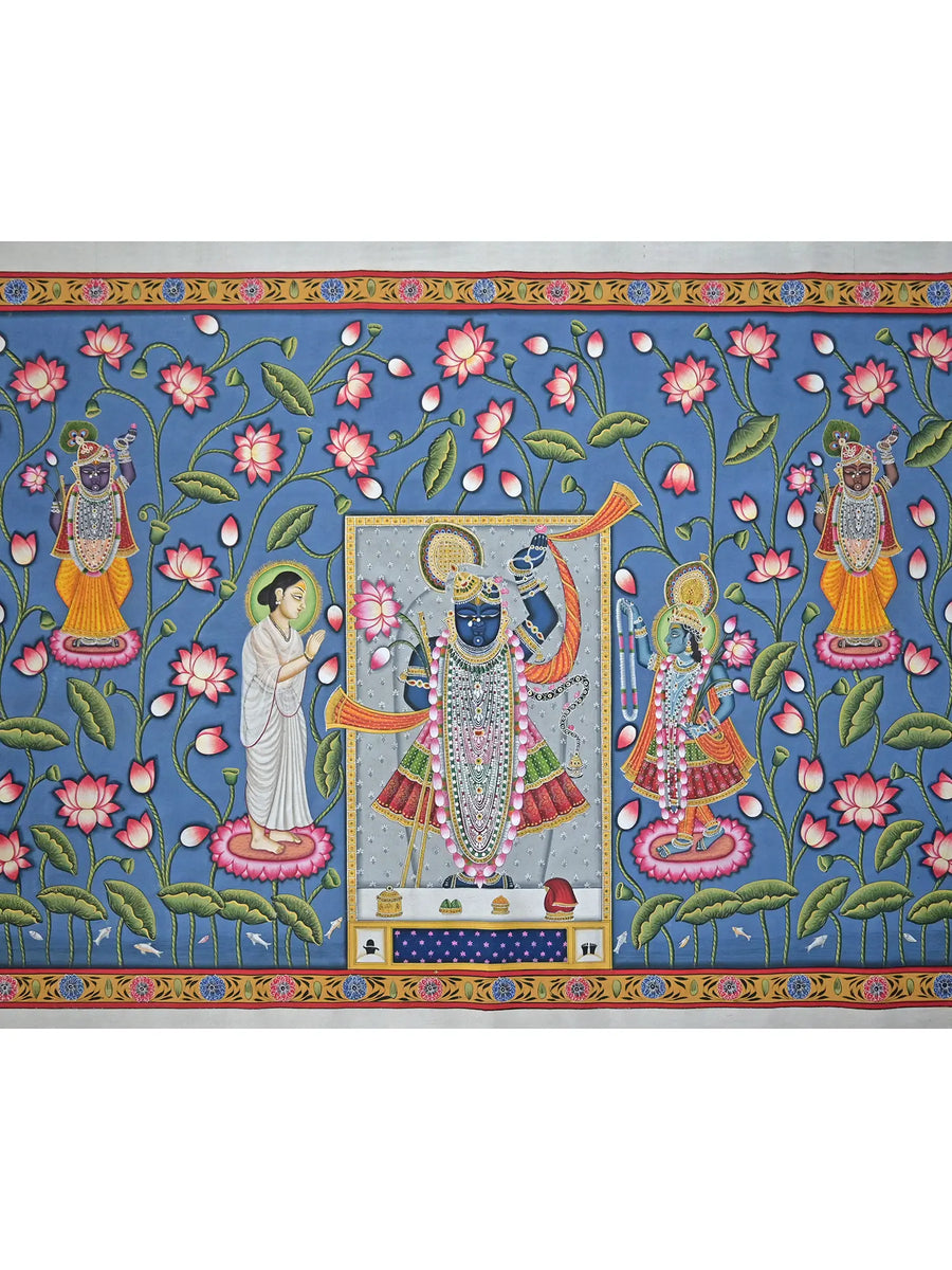 ShrnathJi with Yamuna Ji and Mahaparbhu Ji Pichwai Painting on Cotton