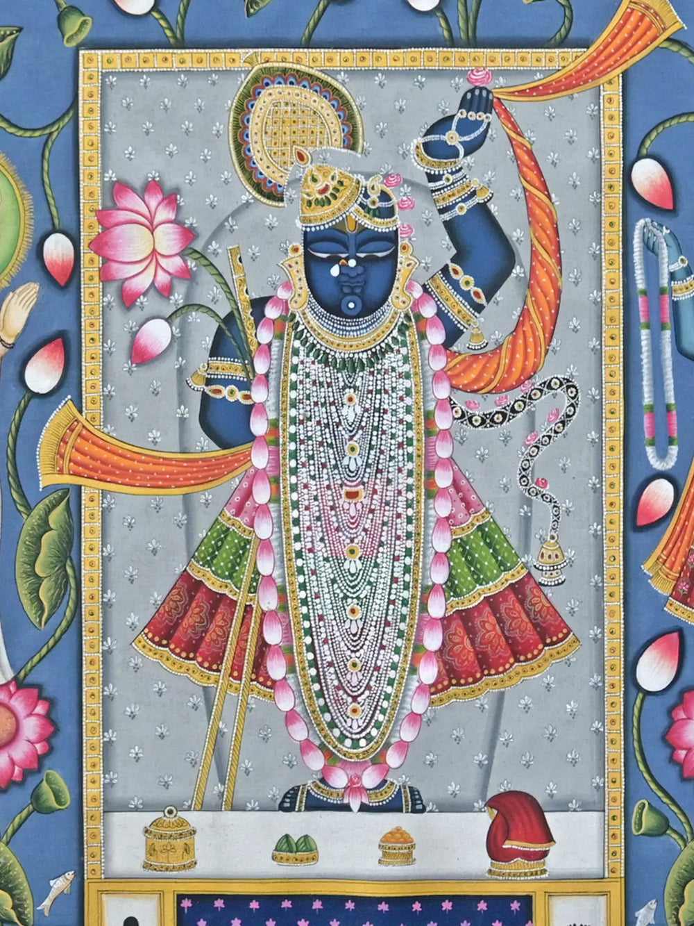 ShrnathJi With Yamuna Ji And Mahaparbhu Ji | Pichwai Painting | Stone Color On Cotton Cloth | By Narendra Kumar