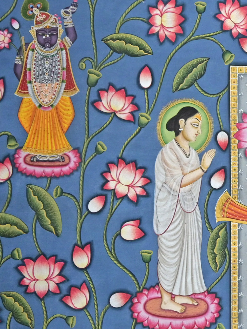 ShrnathJi With Yamuna Ji And Mahaparbhu Ji | Pichwai Painting | Stone Color On Cotton Cloth | By Narendra Kumar