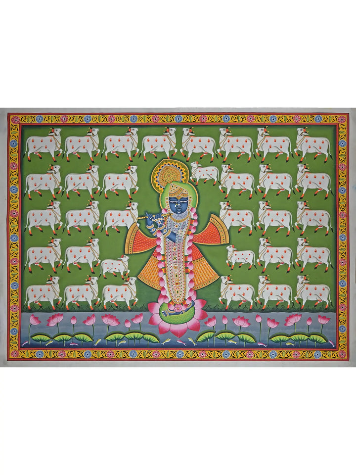 Cow Lover Shrinathji Playing Flute Pichwai Painting on Cotton · view 1