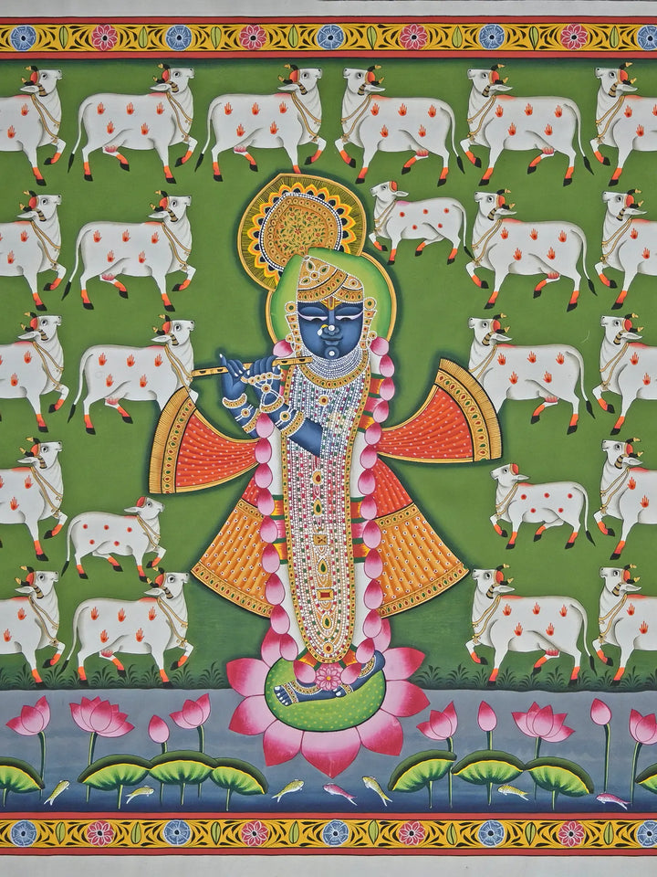 Cow Lover Shrinathji Playing Flute Pichwai Painting on Cotton · view 2