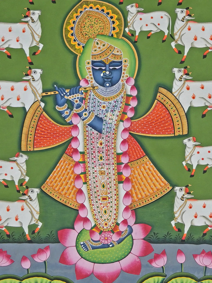 Cow Lover Shrinathji Playing Flute Pichwai Painting on Cotton · view 3