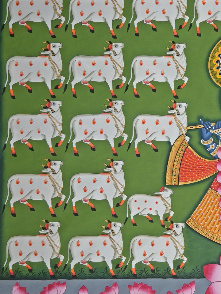 Cow Lover Shrinathji Playing Flute Pichwai Painting on Cotton · view 4