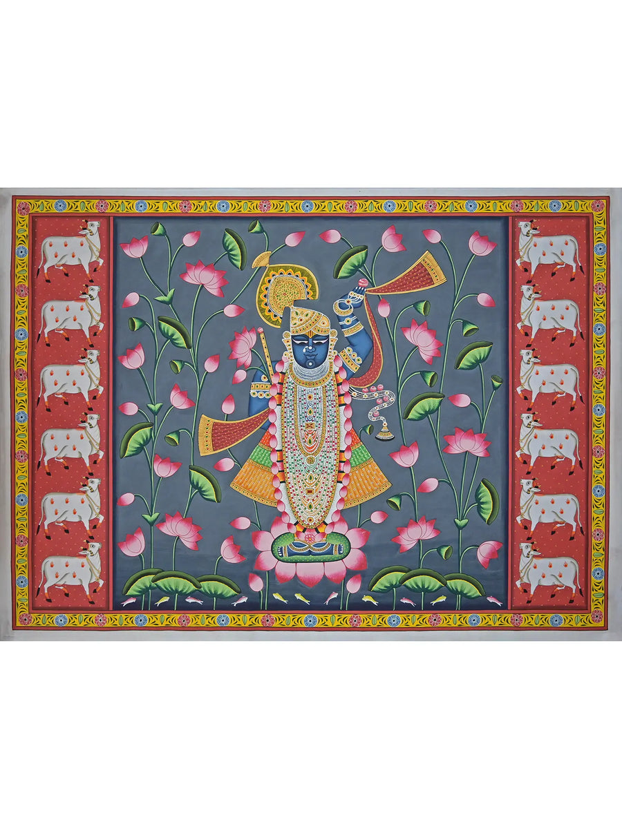 Shrinathji in Kamal Talai with Cows Pichwai Painting on Cotton
