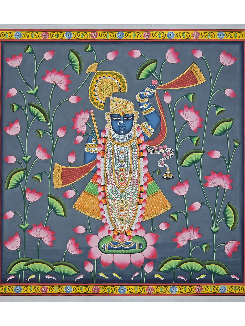 Shrinathji In Kamal Talai With Cows | Pichwai Painting | Stone Color On Cotton Cloth | By Narendra Kumar