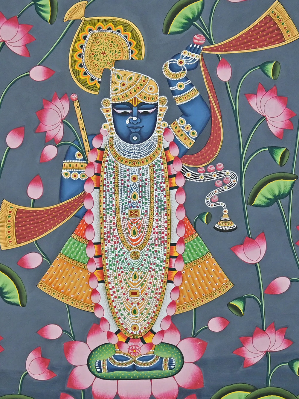 Shrinathji In Kamal Talai With Cows | Pichwai Painting | Stone Color On Cotton Cloth | By Narendra Kumar
