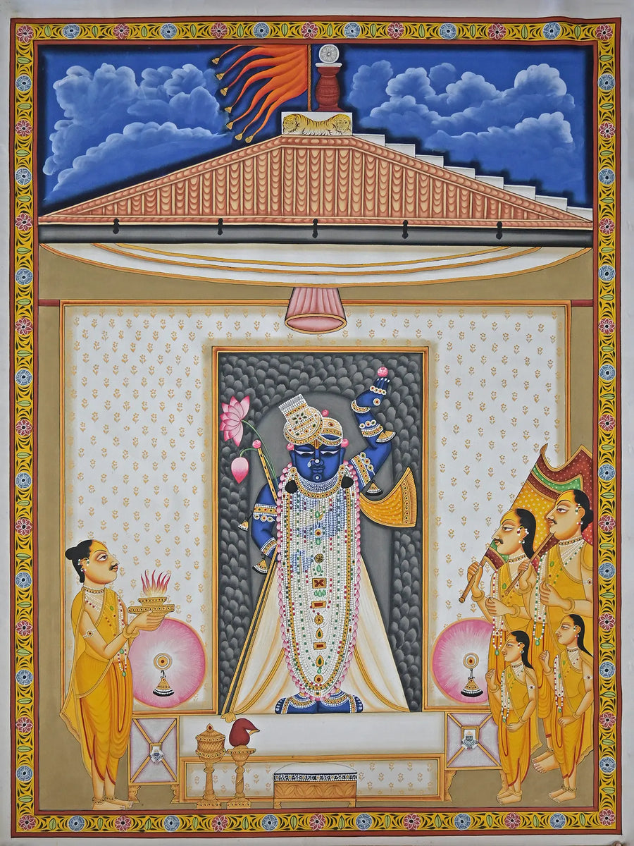 ShrinathJi Aarti with Saints Pichwai Painting on Cotton