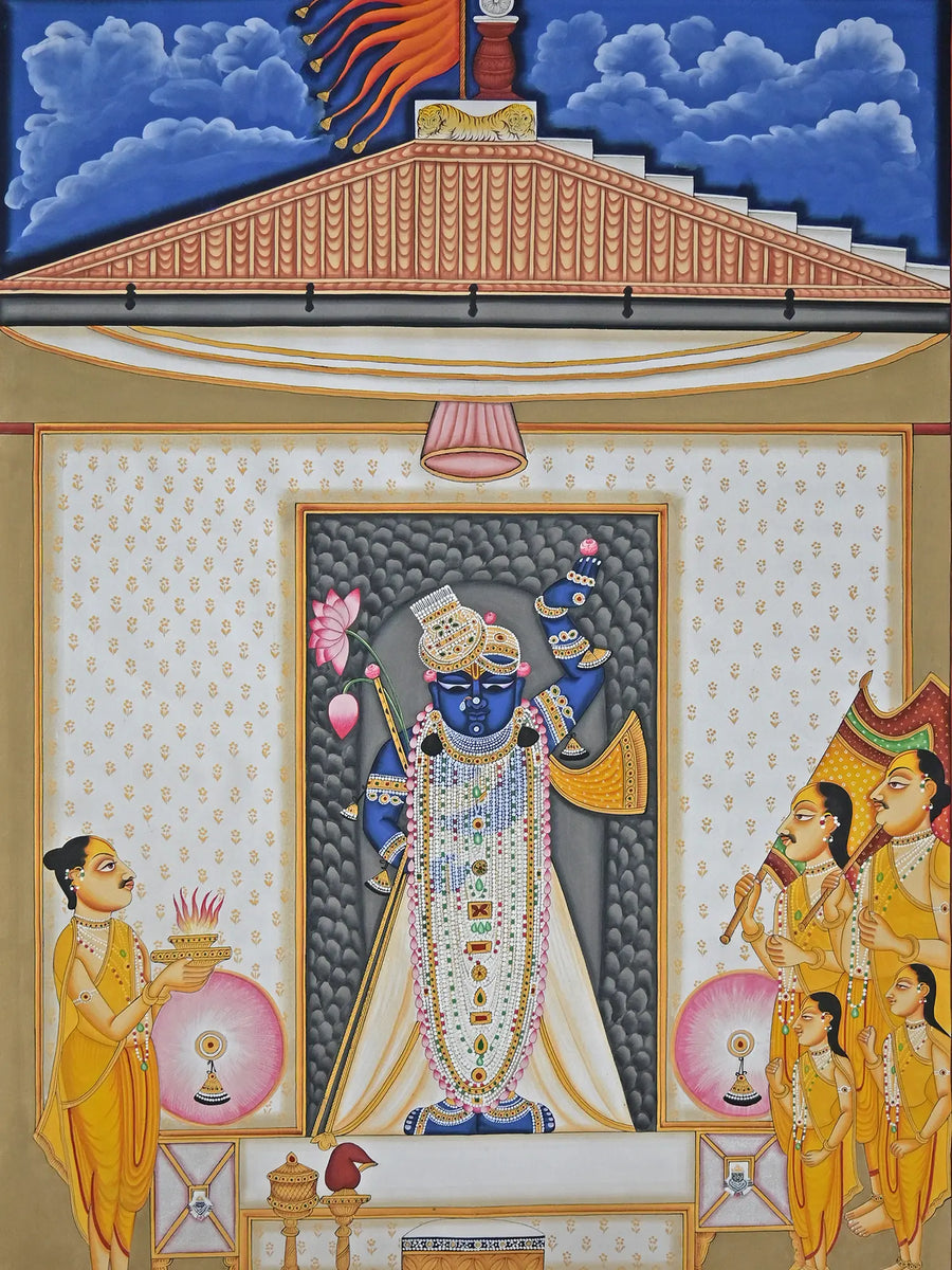 ShrinathJi Aarti with Saints Pichwai Painting on Cotton