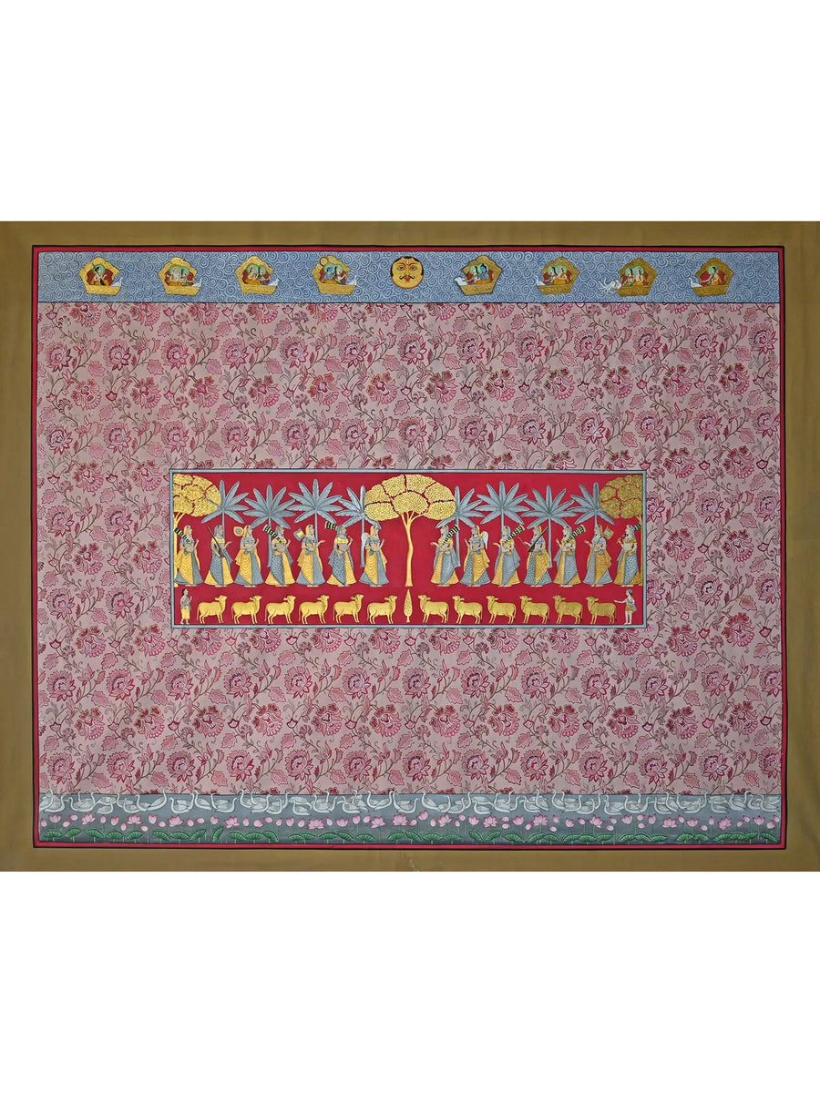 View of Khejri Pujan with Floral Background Pichwai Painting on Cotton