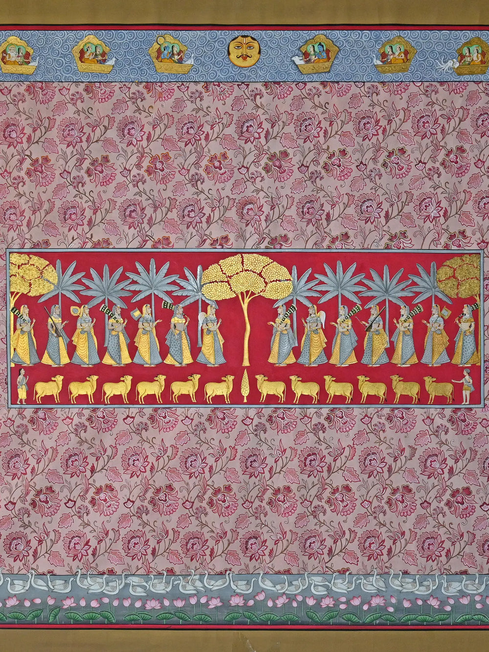 View Of Khejri Pujan With Floral Background | Pichwai Painting | Stone Color On Cotton Cloth | By Narendra Kumar