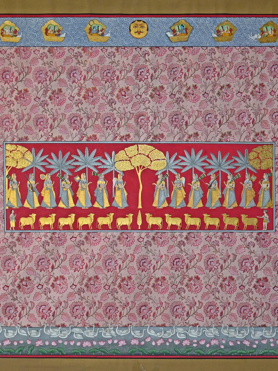 View of Khejri Pujan with Floral Background Pichwai Painting on Cotton