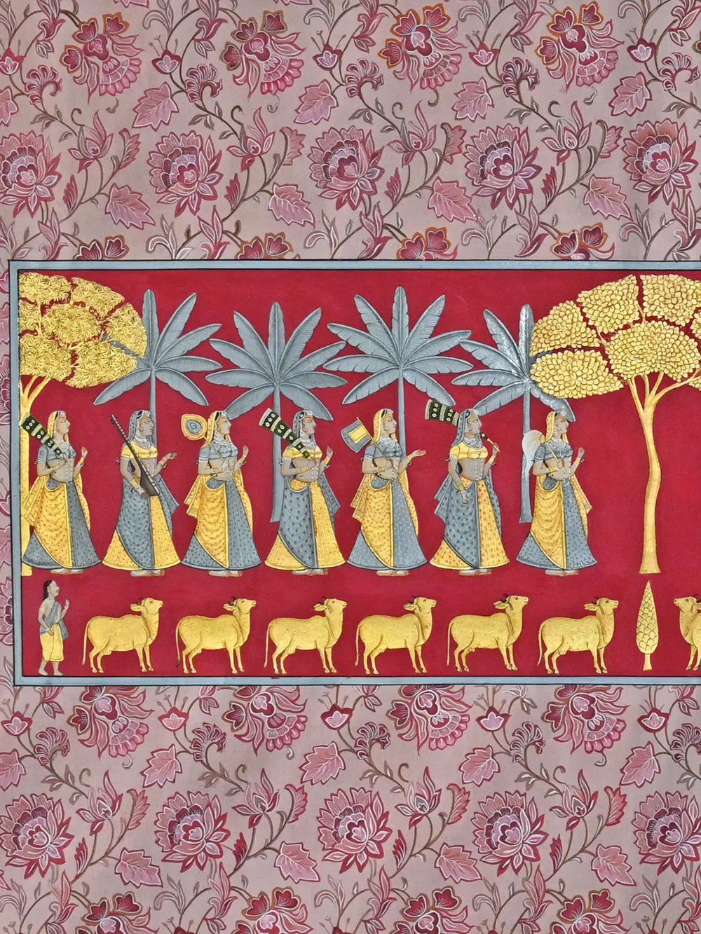 View Of Khejri Pujan With Floral Background | Pichwai Painting | Stone Color On Cotton Cloth | By Narendra Kumar