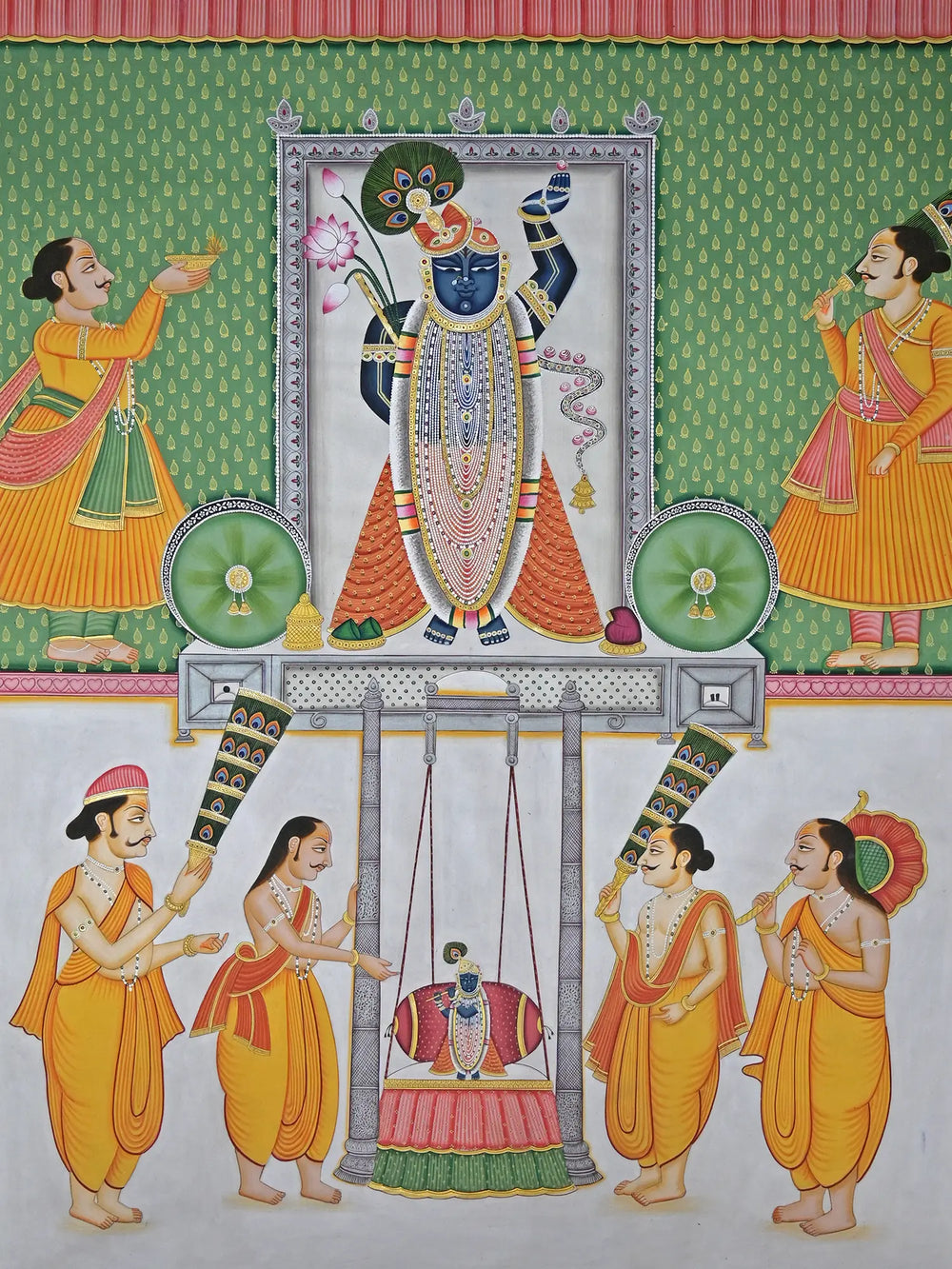 Devotees Swinging Shrinathji | Pichwai Painting | Stone Color On Cotton Cloth | By Narendra Kumar