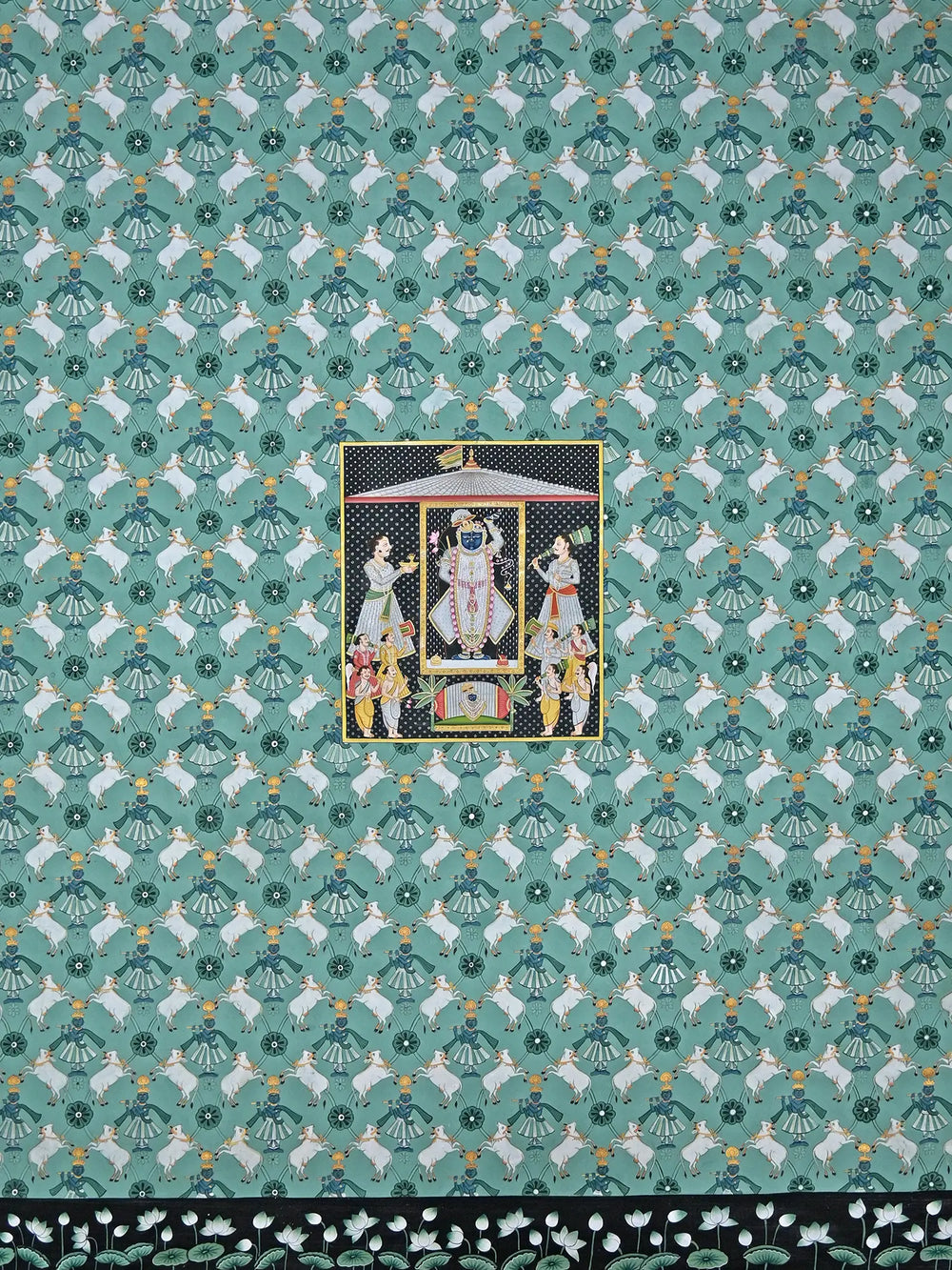View Of Shrinathji Worshipping | Pichwai Painting | Stone Color On Cotton Cloth | By Narendra Kumar