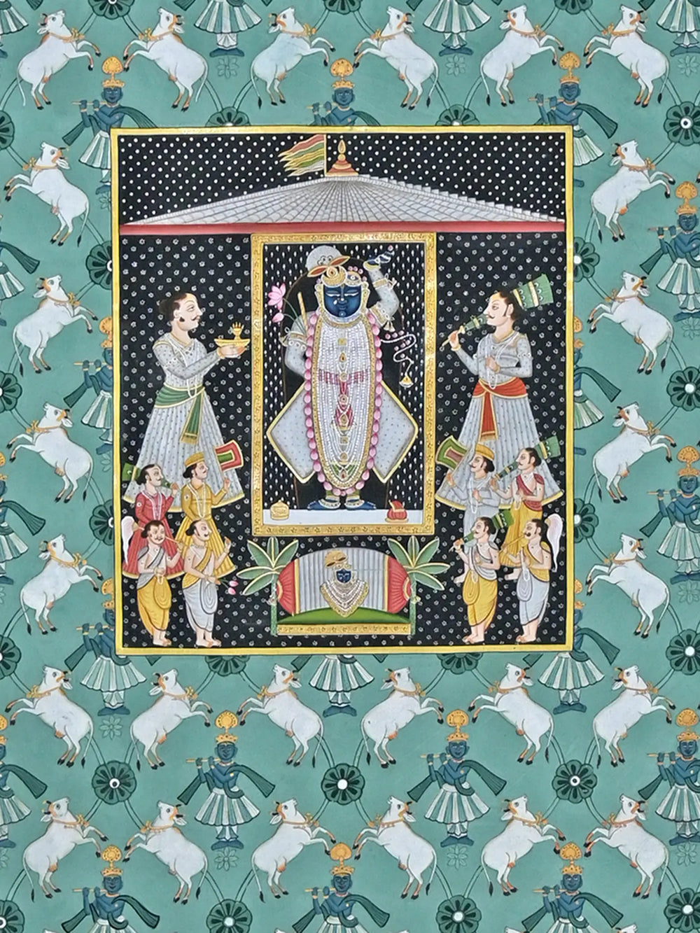 View Of Shrinathji Worshipping | Pichwai Painting | Stone Color On Cotton Cloth | By Narendra Kumar