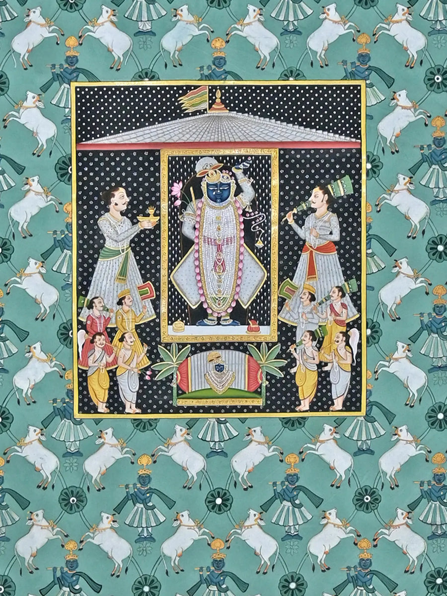 View of Shrinathji Worshipping Pichwai Painting on Cotton