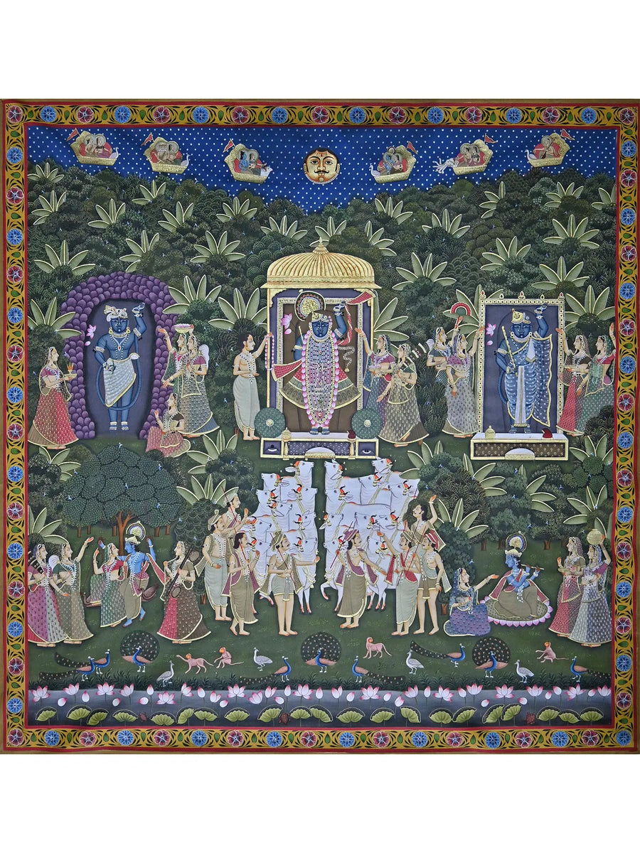 Shrinathiji in Sharad Purnima with Three Swaroop Pichwai Painting on Cotton
