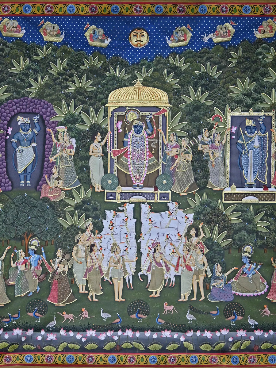 Shrinathiji in Sharad Purnima with Three Swaroop Pichwai Painting on Cotton