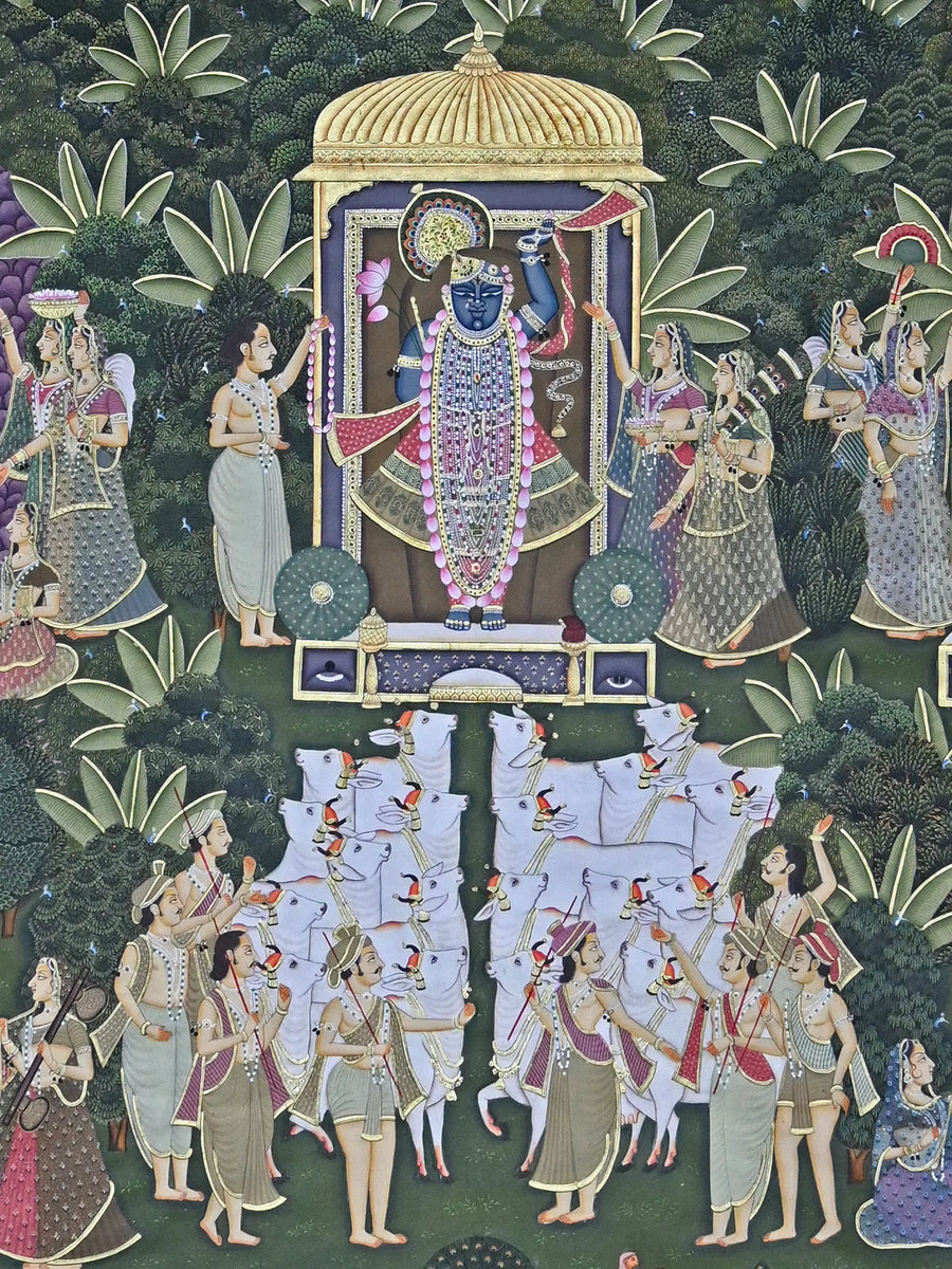 Shrinathiji in Sharad Purnima with Three Swaroop Pichwai Painting on Cotton