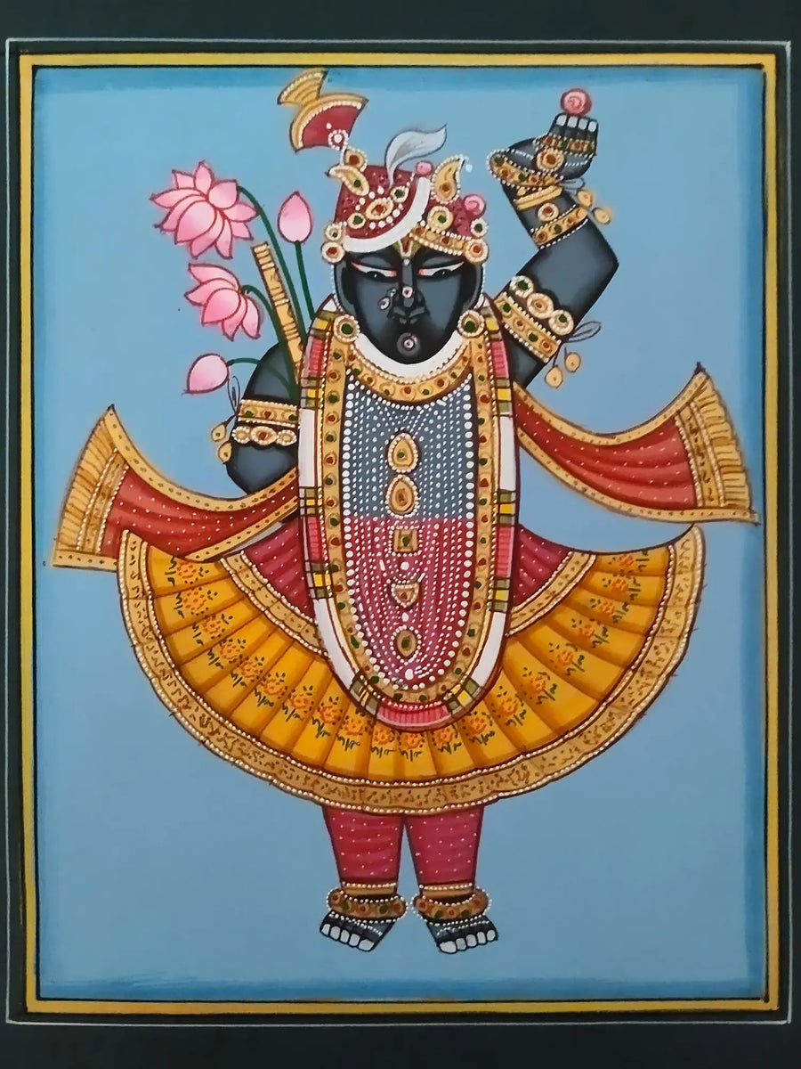 Shrinathji Holding Flute and Lotus Pichwai Painting on Paper