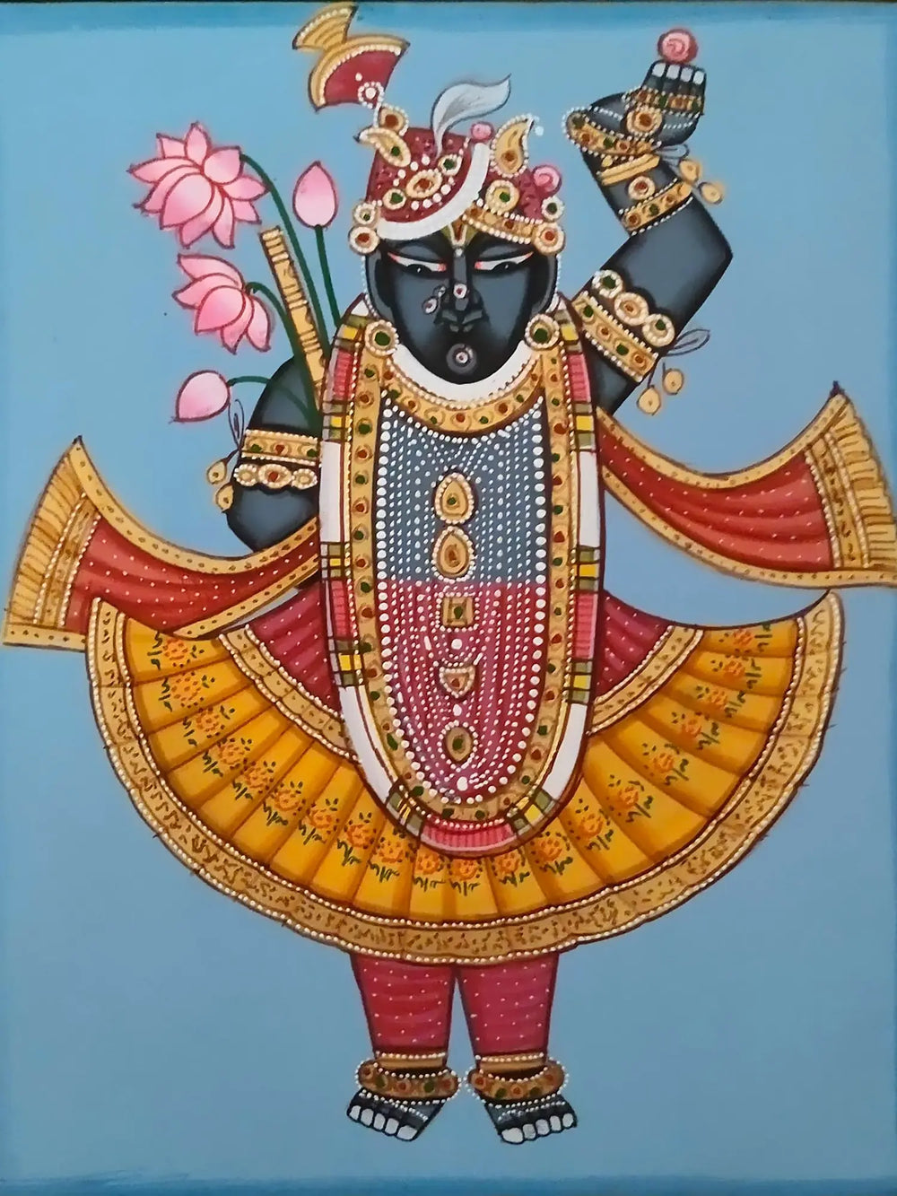 Shrinathji Holding Flute And Lotus | Pichwai Painting | Watercolor On Paper | By Babu Lal Sharma