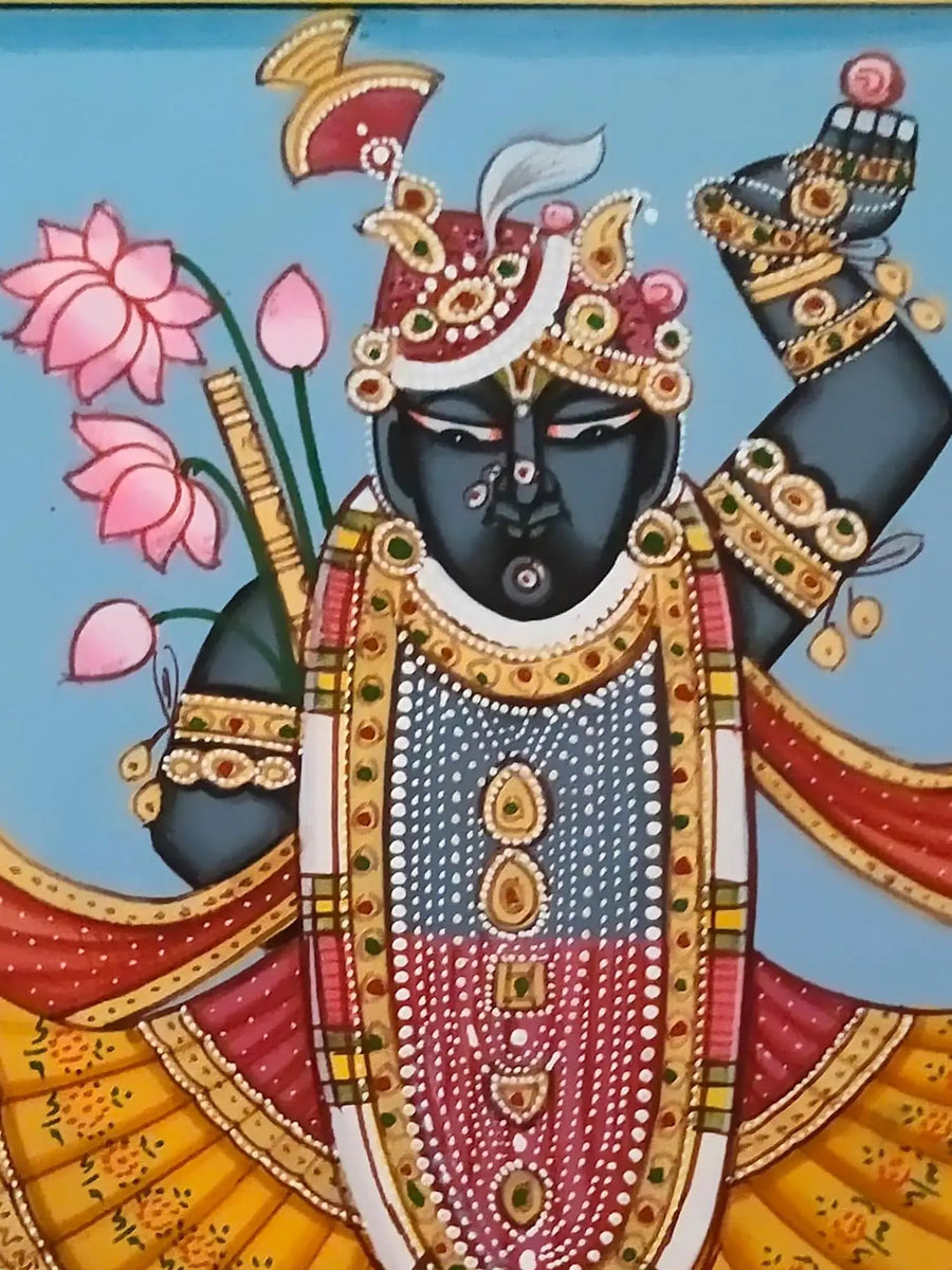 Shrinathji Holding Flute and Lotus Pichwai Painting on Paper