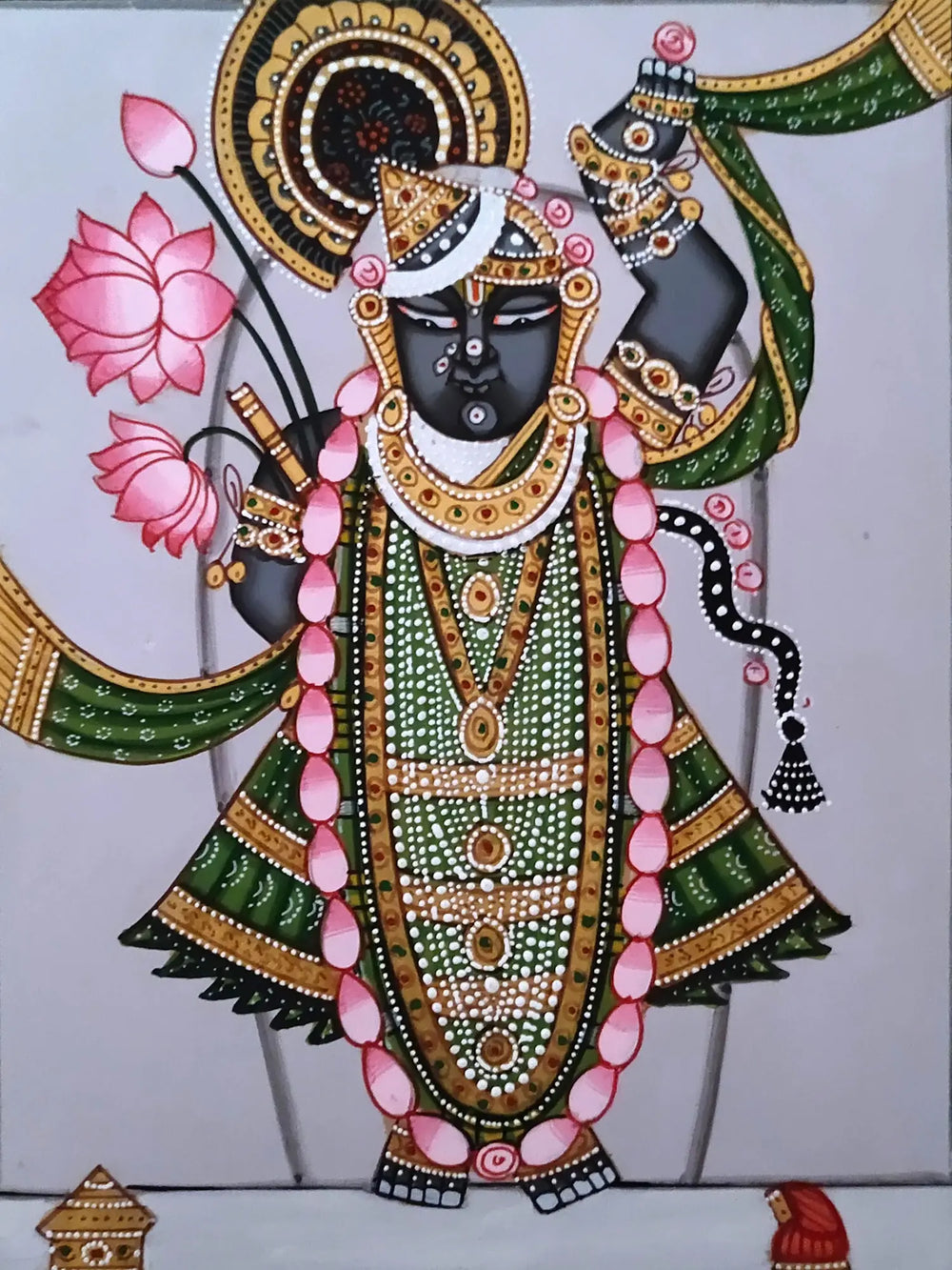 Shrinathji Wearing Garlands And Ornaments | Pichwai Painting | Watercolor On Paper | By Babu Lal Sharma