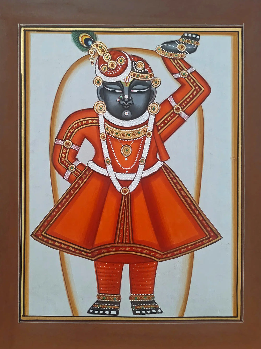 Lord Shrinathji In Orange Dress | Pichwai Painting | Watercolor On Paper | By Babu Lal Sharma