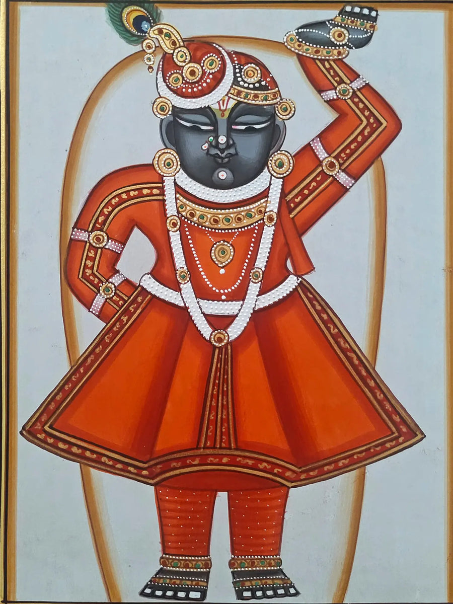 Lord Shrinathji in Orange Dress Pichwai Painting on Paper