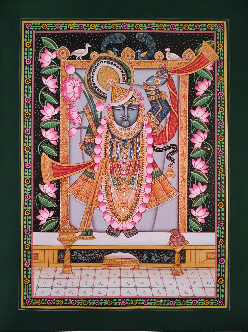 Lord Shrinathji With Lotus And Peacock | Pichwai Painting | Watercolor On Paper | By Babu Lal Sharma