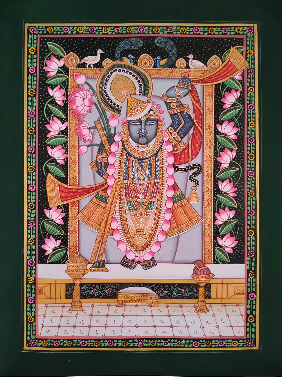 Lord Shrinathji with Lotus and Peacock Pichwai Painting on Paper