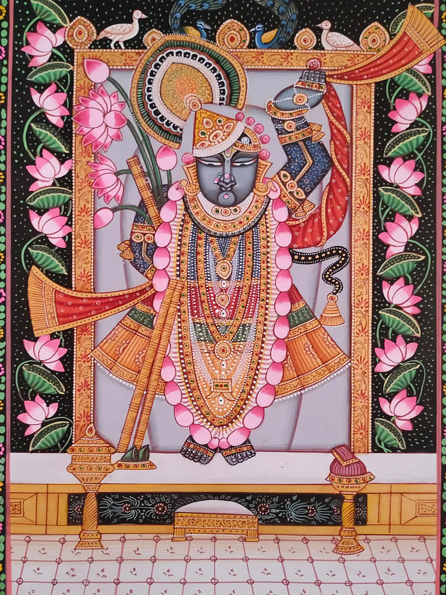 Lord Shrinathji with Lotus and Peacock Pichwai Painting on Paper