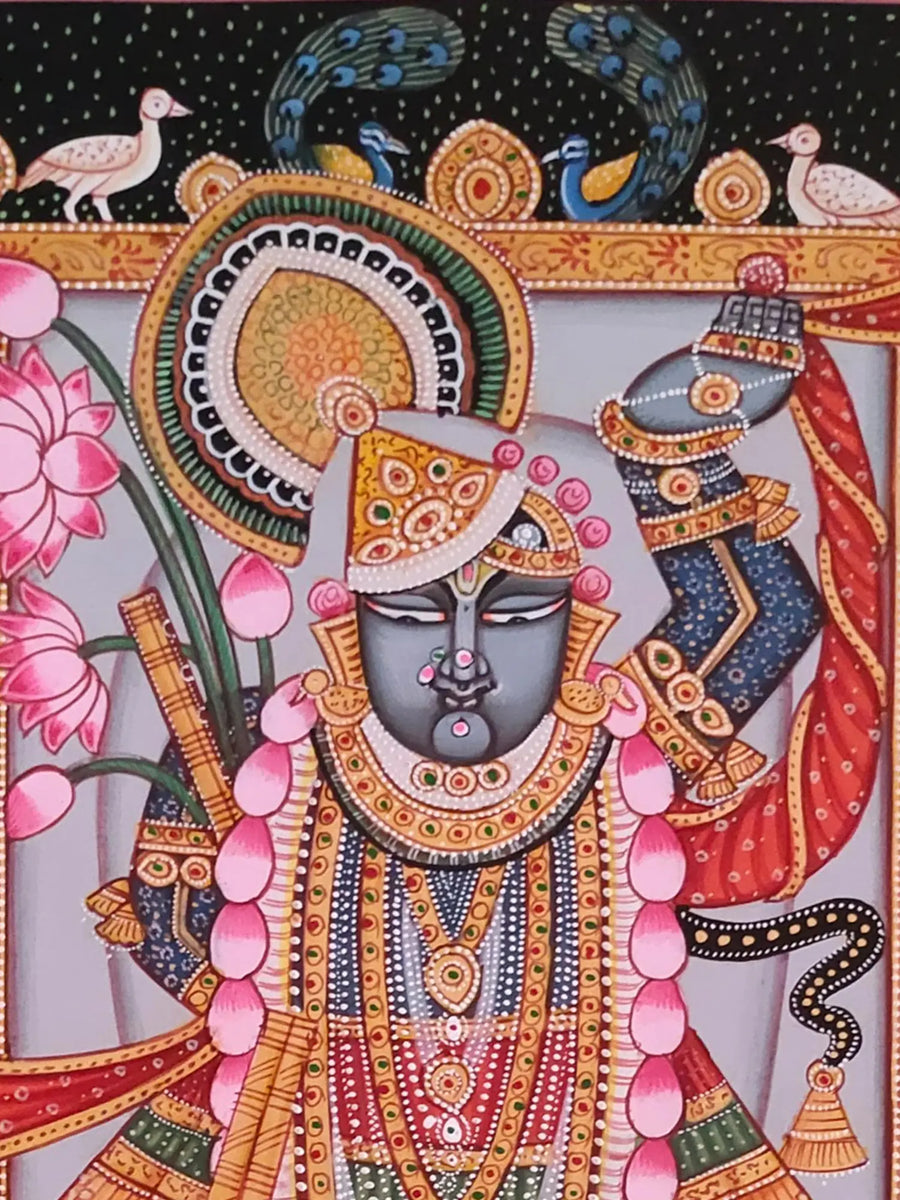 Lord Shrinathji with Lotus and Peacock Pichwai Painting on Paper