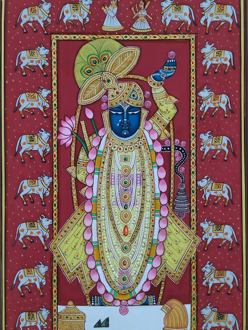 Shrinathji Surrounded By Cows | Pichwai Painting | Watercolor On Paper | By Babu Lal Sharma