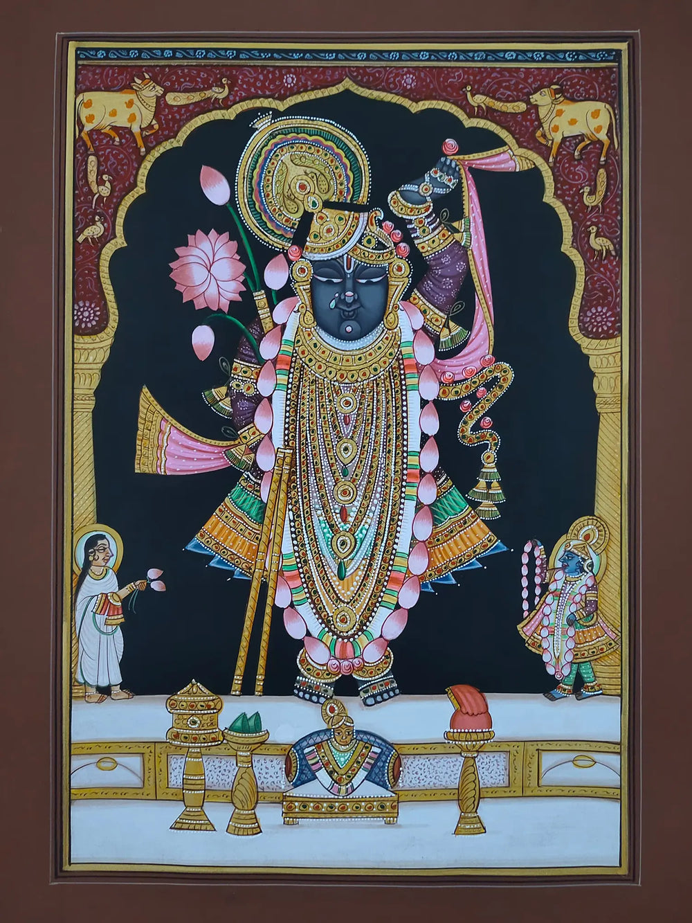 Lord Shrinathji With Mahaprabhuji And Yamuna | Pichwai Painting | Watercolor On Paper | By Babu Lal Sharma
