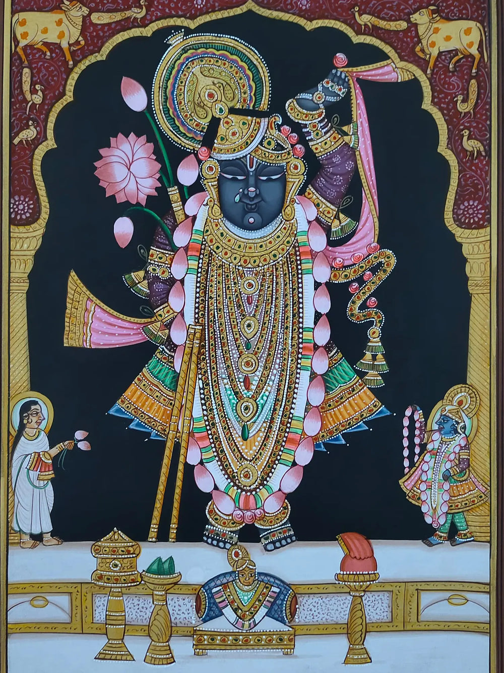 Lord Shrinathji With Mahaprabhuji And Yamuna | Pichwai Painting | Watercolor On Paper | By Babu Lal Sharma