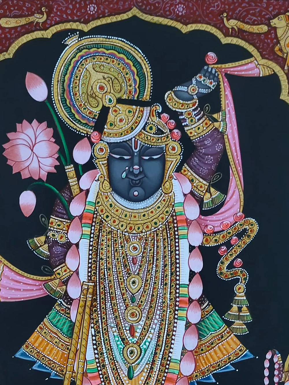 Lord Shrinathji With Mahaprabhuji And Yamuna | Pichwai Painting | Watercolor On Paper | By Babu Lal Sharma
