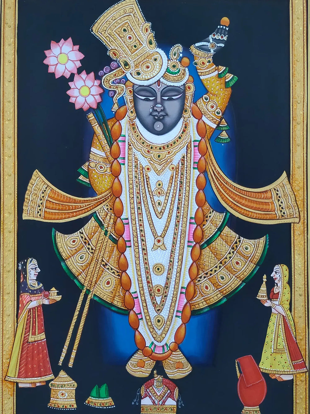 Lord Shrinathji And Gopis | Pichwai Painting | Watercolor On Paper | By Babu Lal Sharma