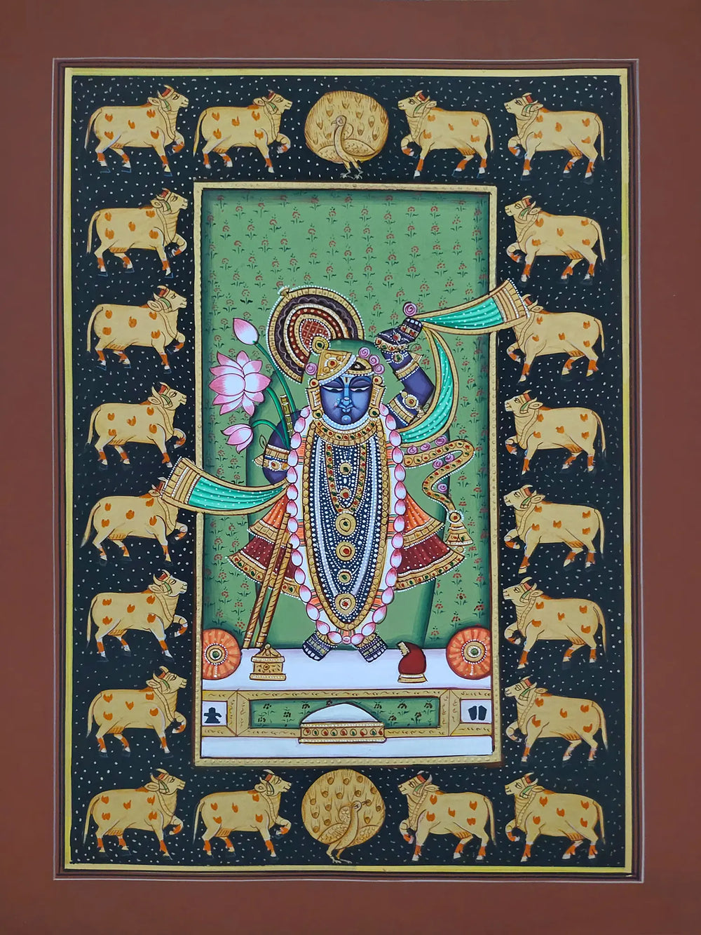 Shrinathji Beloved Of Cows | Pichwai Painting | Watercolor On Paper | By Babu Lal Sharma