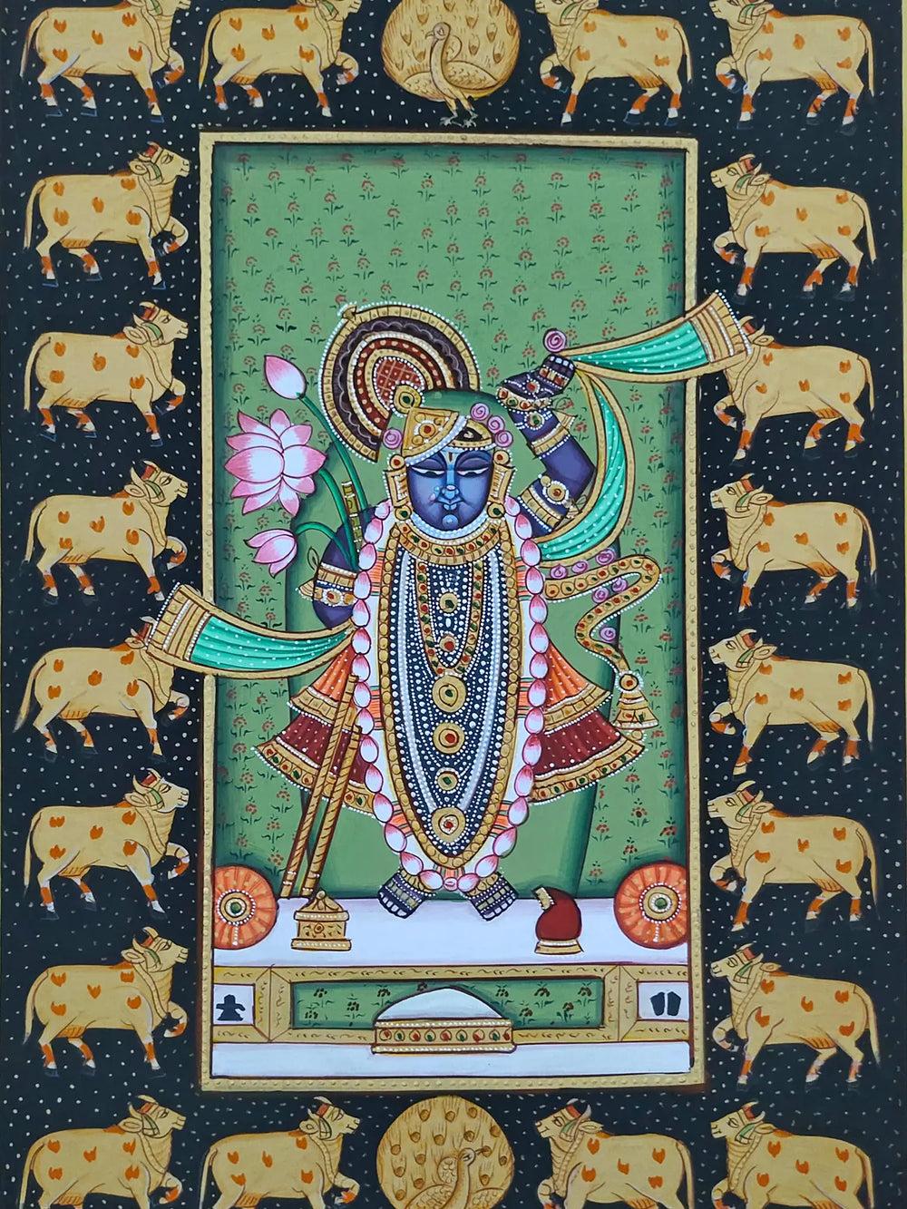 Shrinathji Beloved Of Cows | Pichwai Painting | Watercolor On Paper | By Babu Lal Sharma
