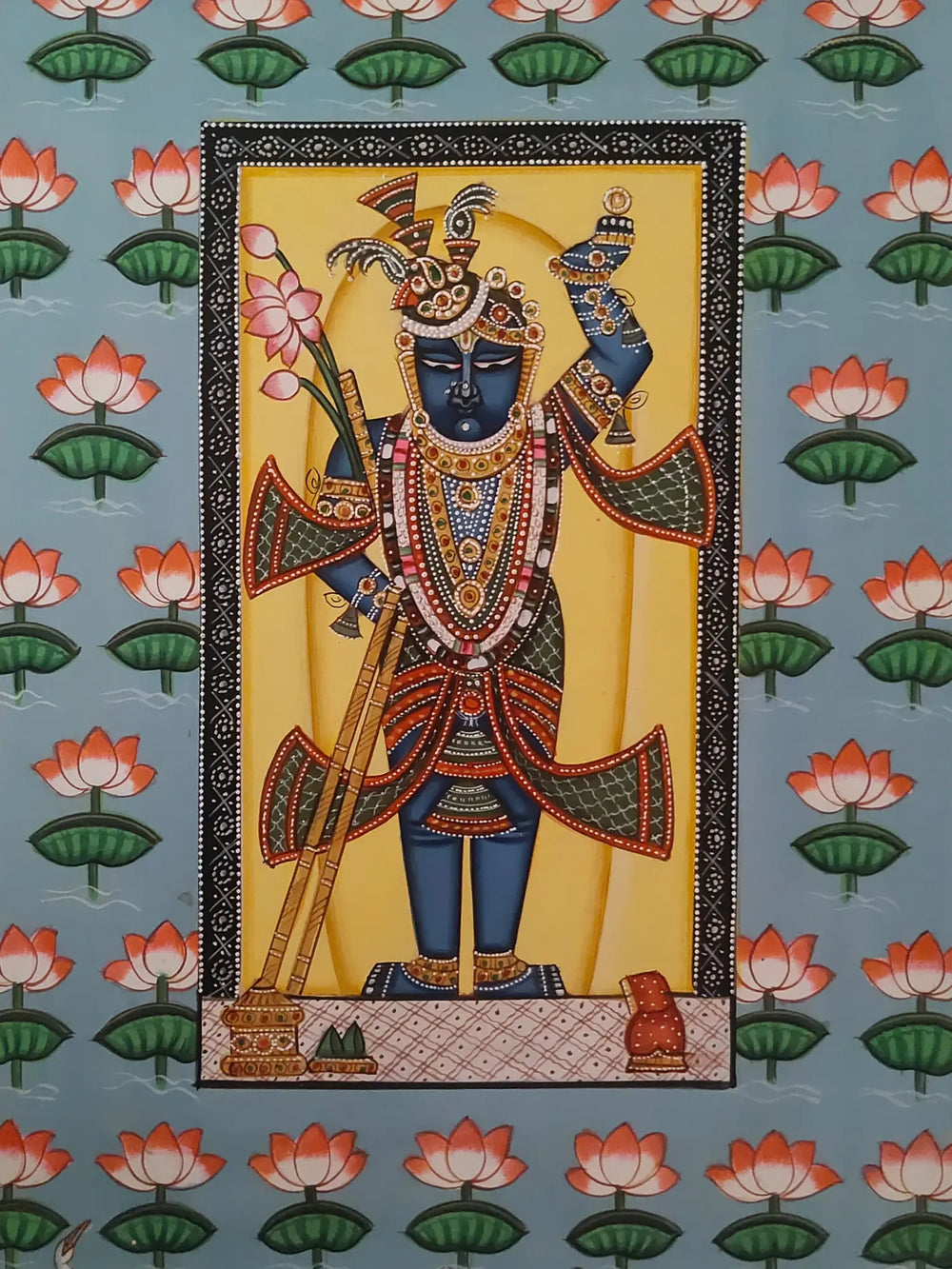 Shrinathji In Kamal Talai Pond | Pichwai Painting | Watercolor On Paper | By Babu Lal Sharma