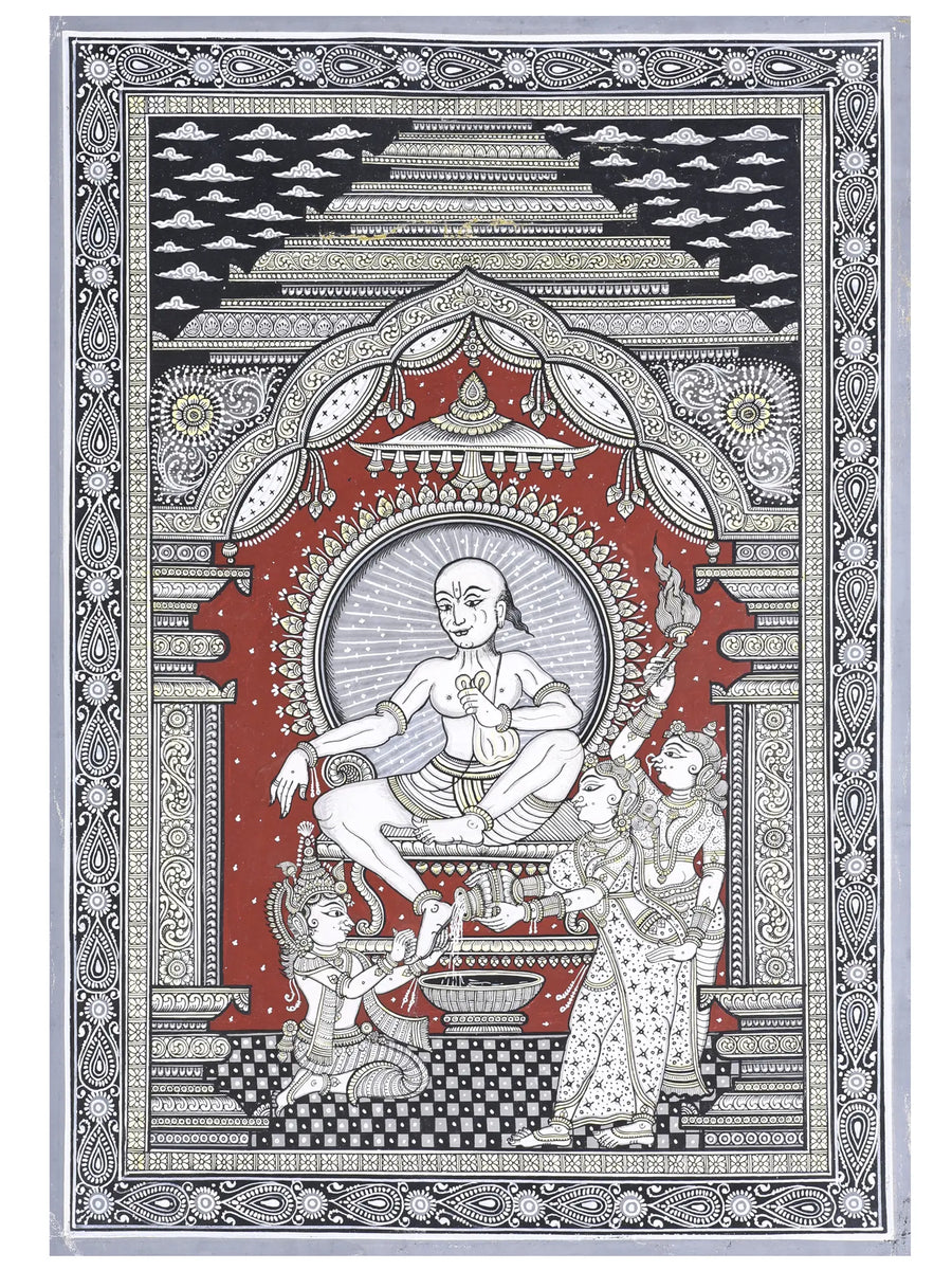 Lord Krishna Washing Sudama's Feet as a Sign of Their Deep Friendship Pattachitra Painting on Canvas
