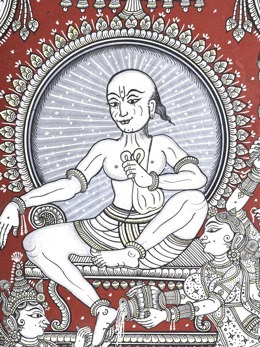 Lord Krishna Washing Sudama's Feet as a Sign of Their Deep Friendship Pattachitra Painting on Canvas