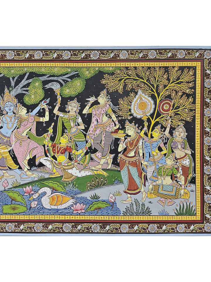 Radha and Krishna with Gopis in Vrindavan Pattachitra Painting on Canvas · view 3