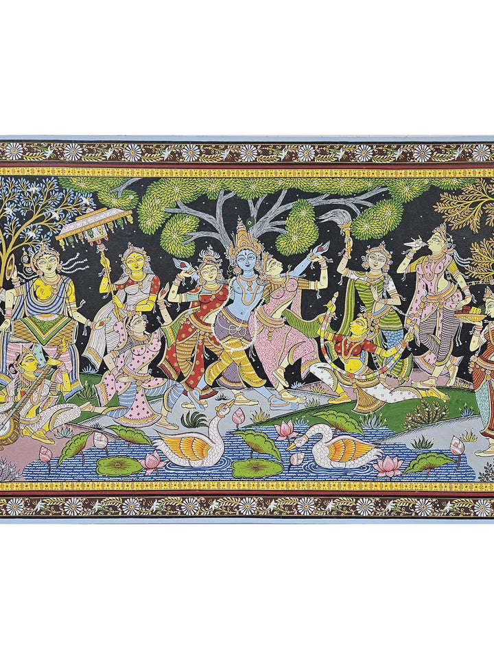 Radha and Krishna with Gopis in Vrindavan Pattachitra Painting on Canvas · view 4