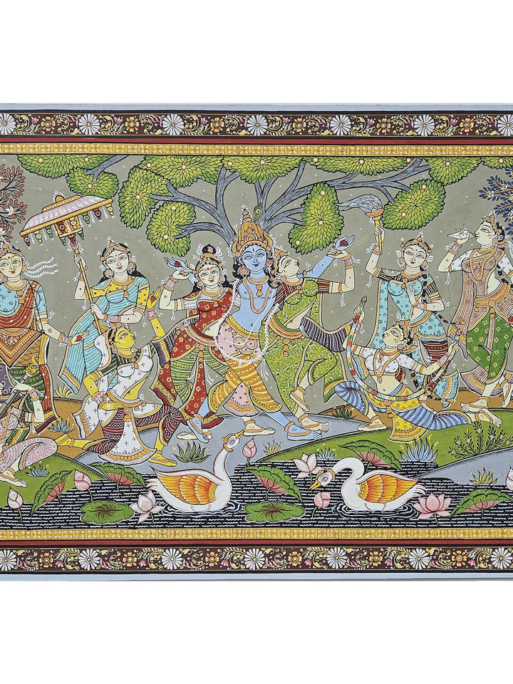 Radha Krishna with Gopis Pattachitra Painting on Canvas · view 4