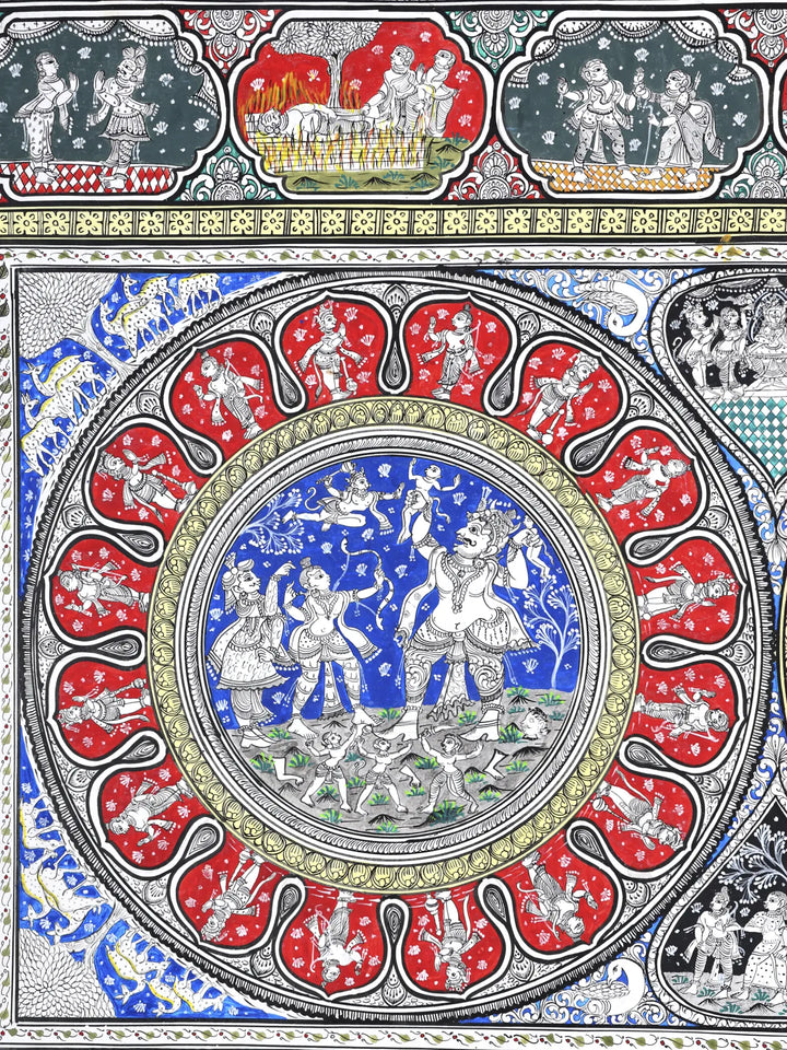 Shri Rama Darbar with Episodes of Ramayana Pattachitra Painting on Canvas · view 3