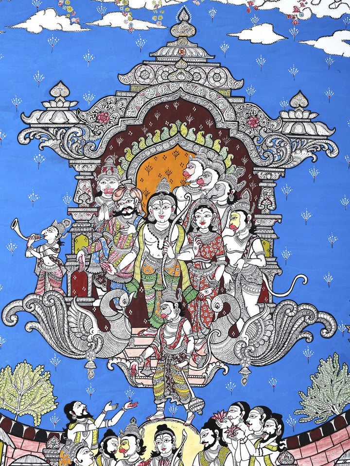 Lord Rama Returning to Ayodhya in Pushpak Viman - Celebration View Pattachitra Painting on Canvas · view 2