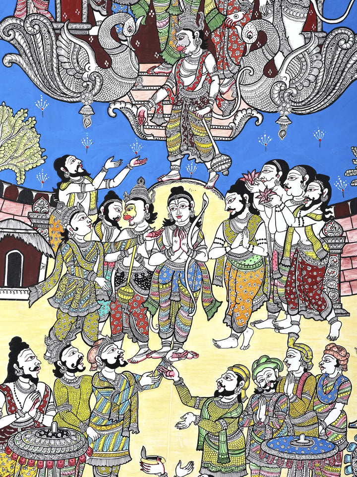 Lord Rama Returning to Ayodhya in Pushpak Viman - Celebration View Pattachitra Painting on Canvas · view 3