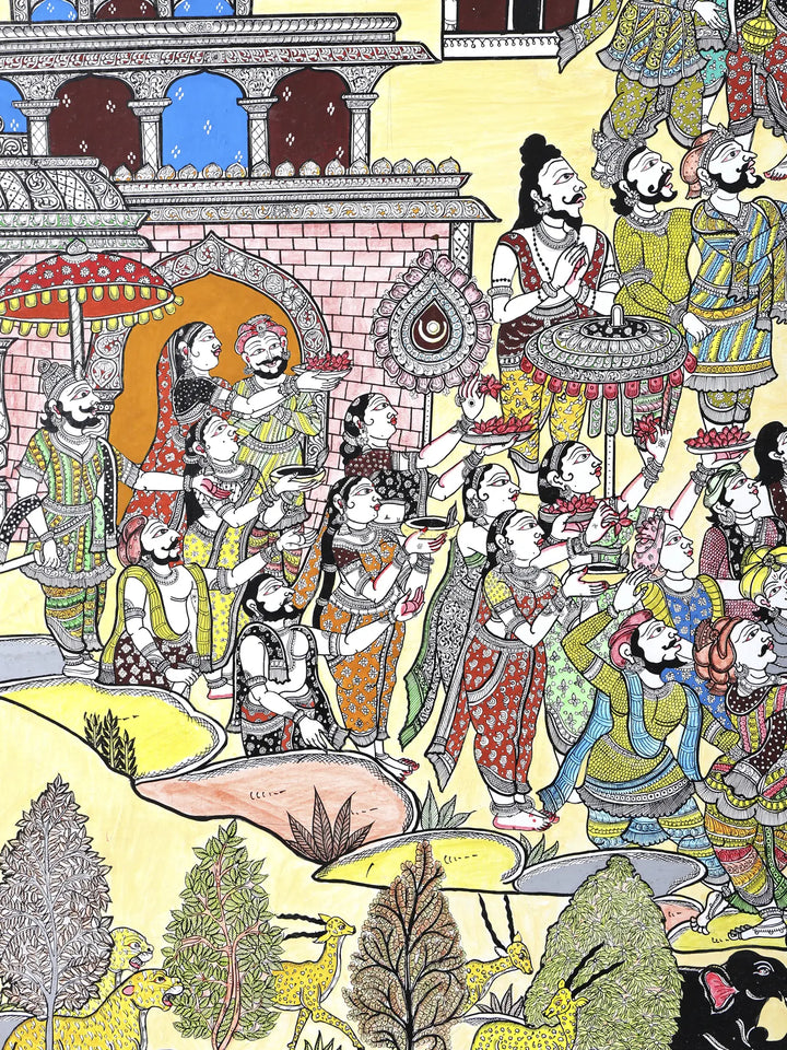 Lord Rama Returning to Ayodhya in Pushpak Viman - Celebration View Pattachitra Painting on Canvas · view 4